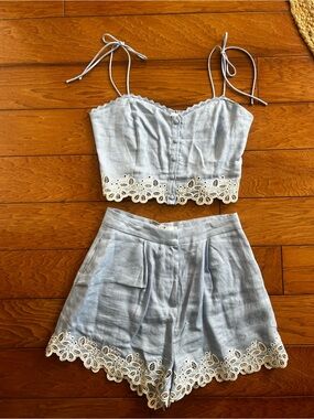 Astr Light Blue Linen-Texture Blouse With Matching Shorts Set with Lace Trim M